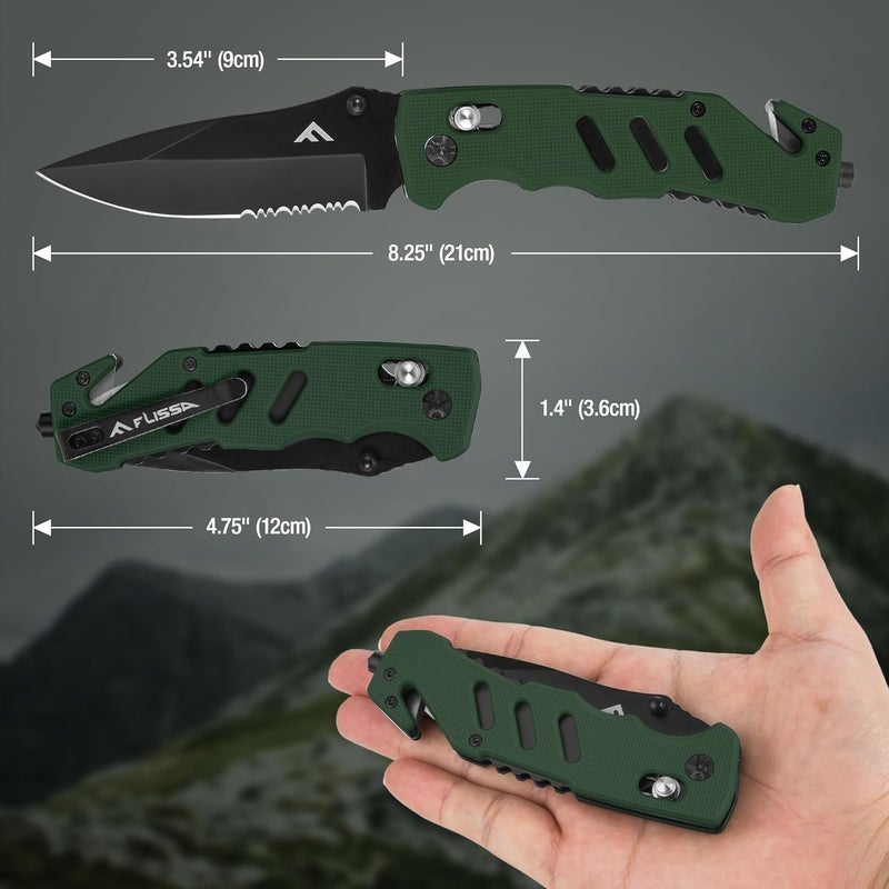 FLISSA Folding Pocket Knife with Clip, Glass Breaker and Seatbelt Cutter, Survival Knife for Emergency Rescue Situations, EDC Knife for Tactical, Hunting, Camping, Outdoor, Unique Gifts for Dad, Father-Green - Image 3